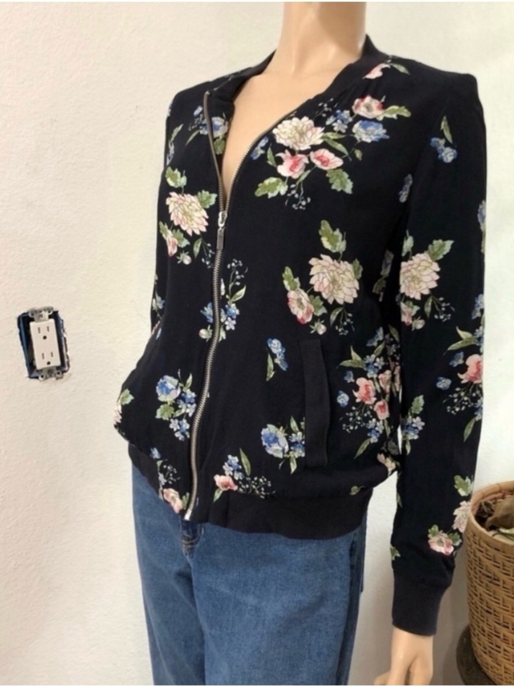 Floral Zip Bomber Jacket - Black